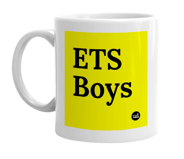 White mug with 'ETS Boys' in bold black letters