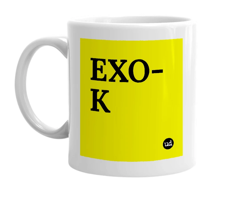 White mug with 'EXO-K' in bold black letters