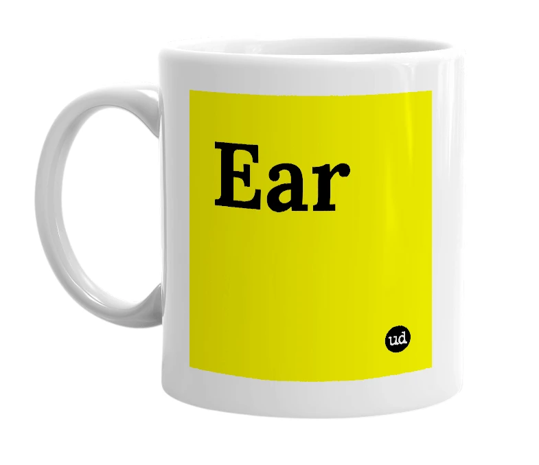 White mug with 'Ear' in bold black letters