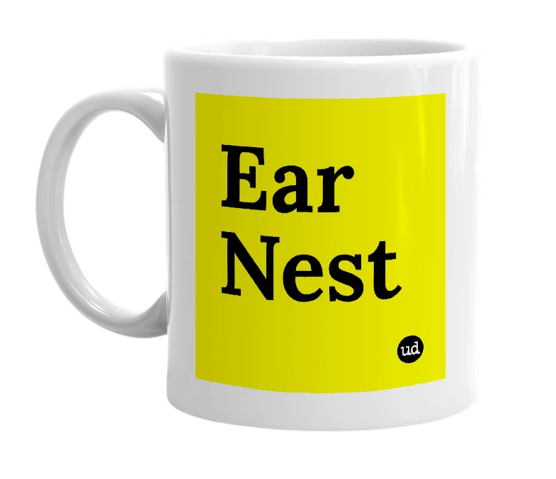 White mug with 'Ear Nest' in bold black letters