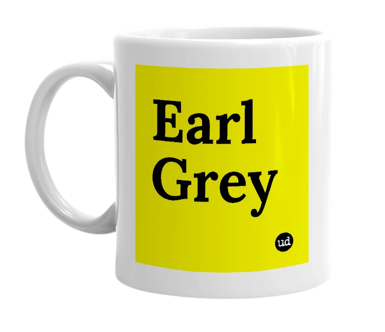White mug with 'Earl Grey' in bold black letters