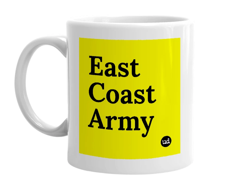 White mug with 'East Coast Army' in bold black letters