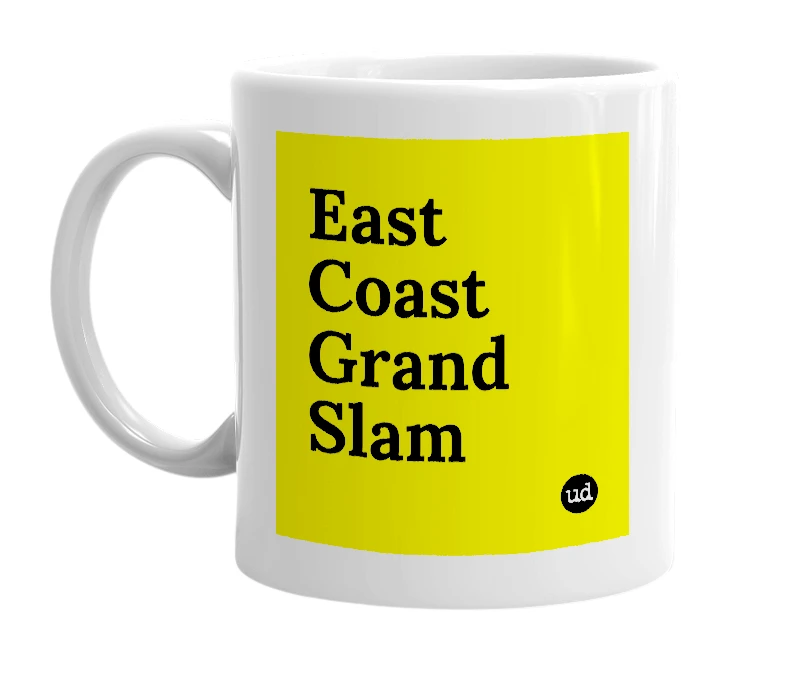 White mug with 'East Coast Grand Slam' in bold black letters