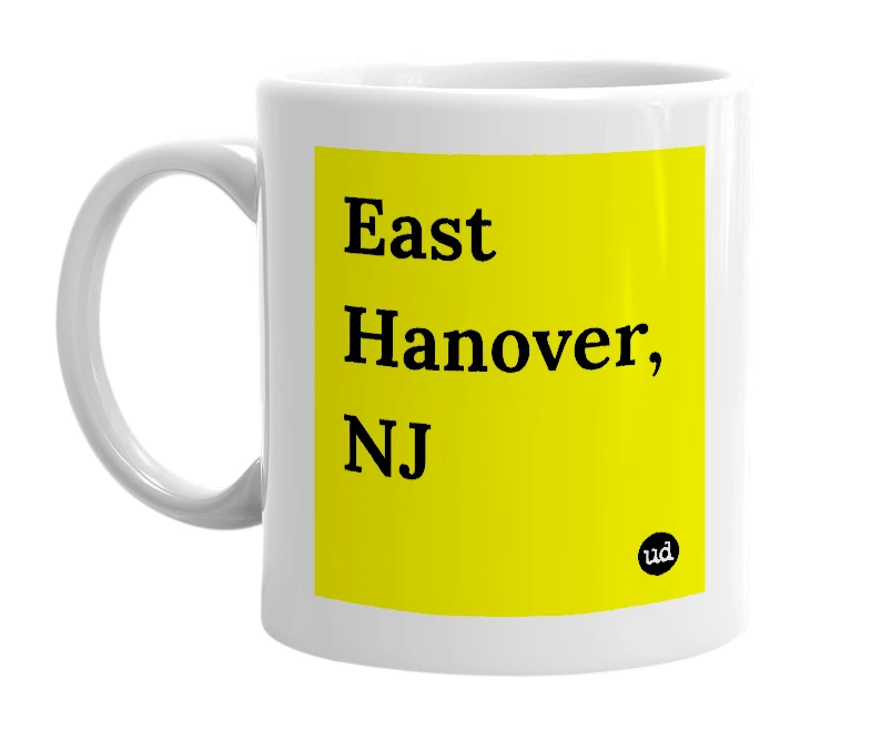 White mug with 'East Hanover, NJ' in bold black letters
