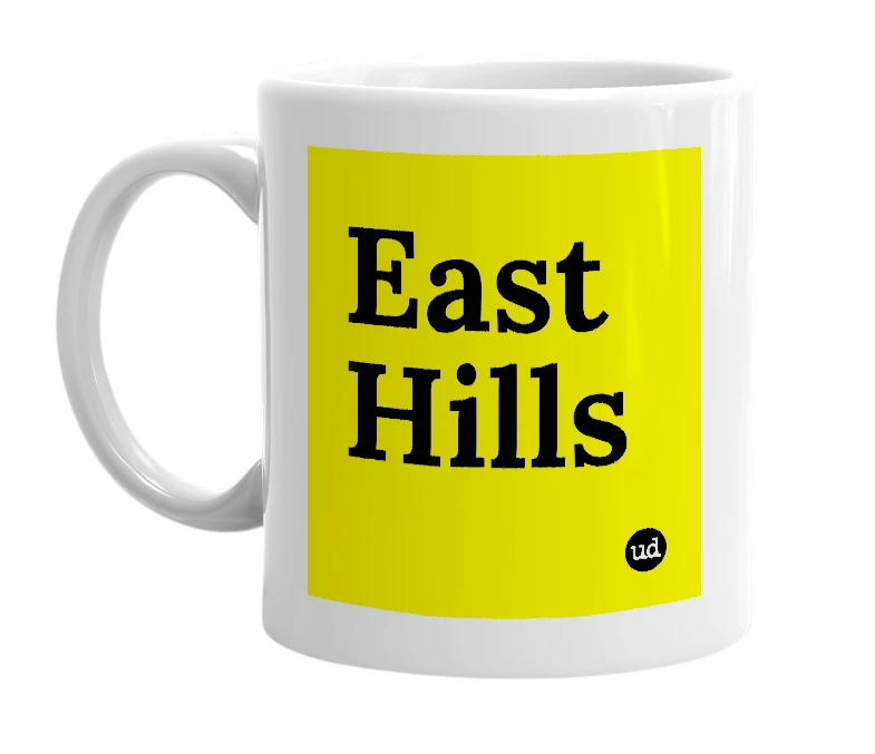 White mug with 'East Hills' in bold black letters