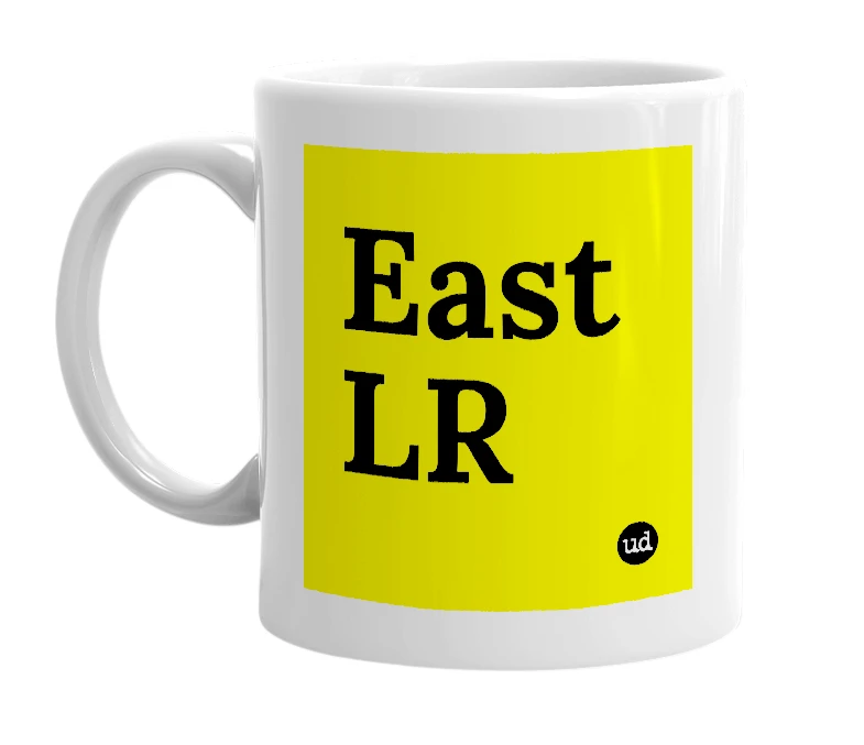 White mug with 'East LR' in bold black letters