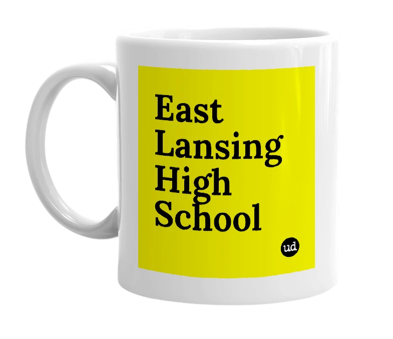 White mug with 'East Lansing High School' in bold black letters