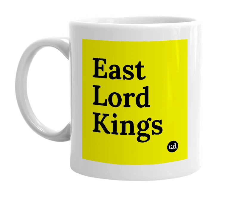 White mug with 'East Lord Kings' in bold black letters