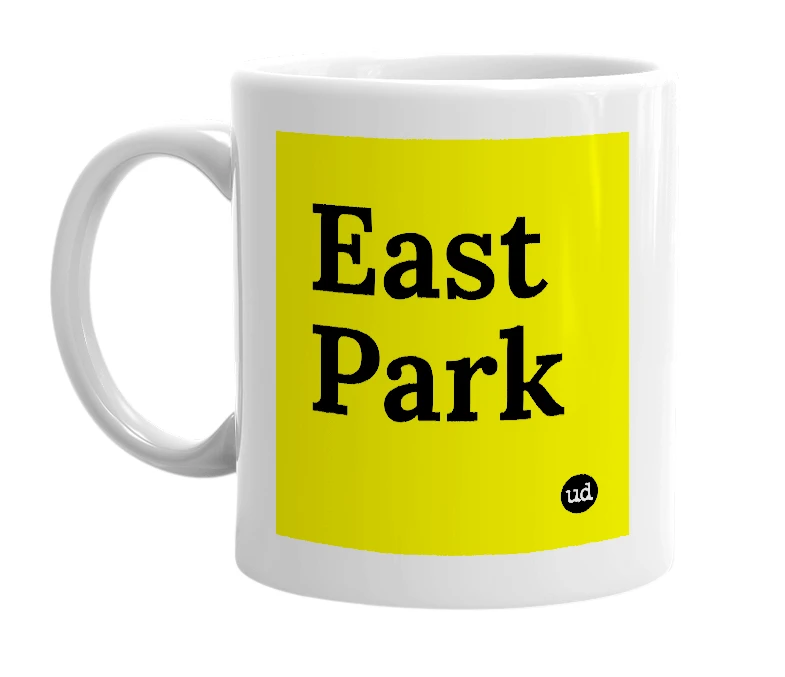 White mug with 'East Park' in bold black letters