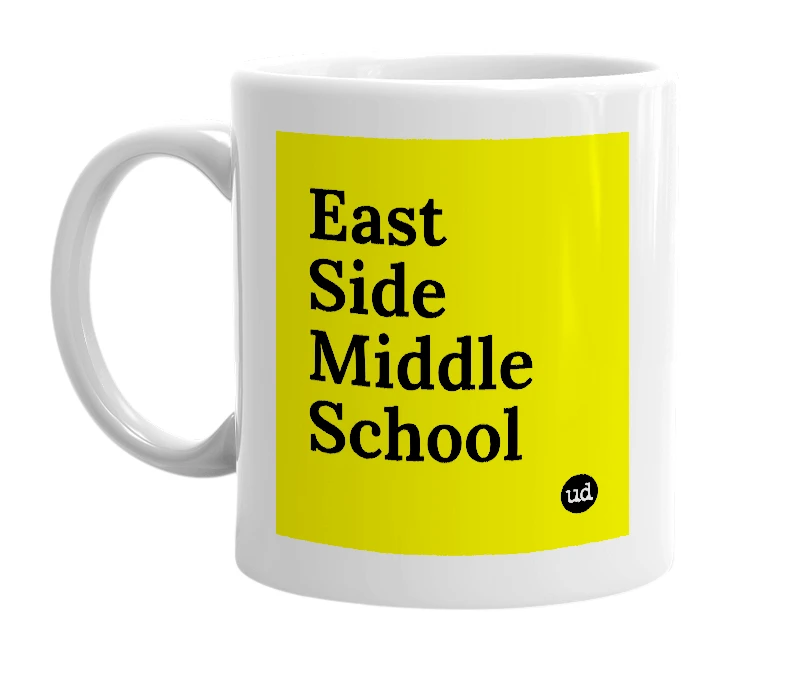 White mug with 'East Side Middle School' in bold black letters