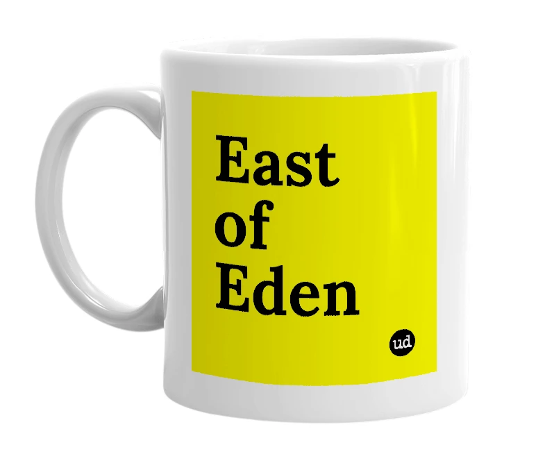 White mug with 'East of Eden' in bold black letters