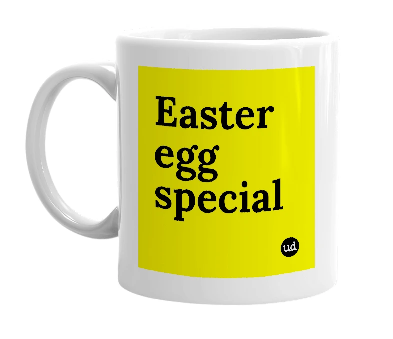 White mug with 'Easter egg special' in bold black letters