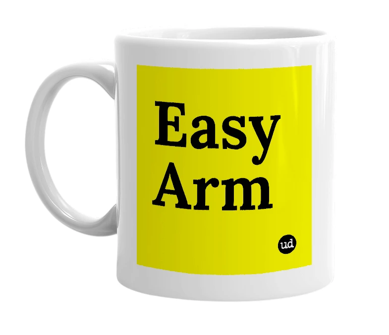 White mug with 'Easy Arm' in bold black letters