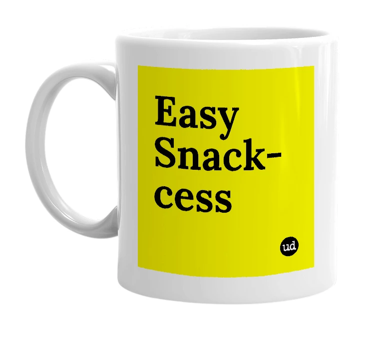 White mug with 'Easy Snack-cess' in bold black letters