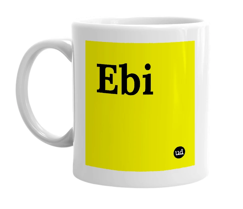 White mug with 'Ebi' in bold black letters