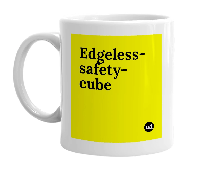 White mug with 'Edgeless-safety-cube' in bold black letters