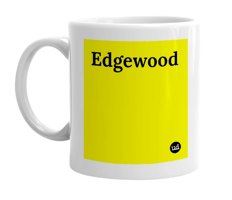 White mug with 'Edgewood' in bold black letters