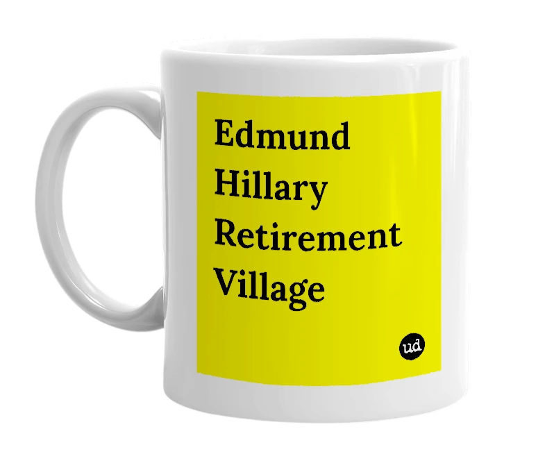 White mug with 'Edmund Hillary Retirement Village' in bold black letters