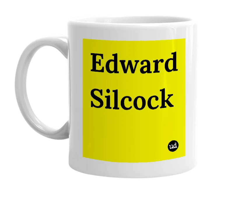 White mug with 'Edward Silcock' in bold black letters