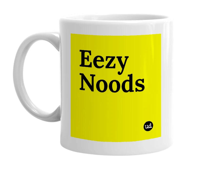 White mug with 'Eezy Noods' in bold black letters