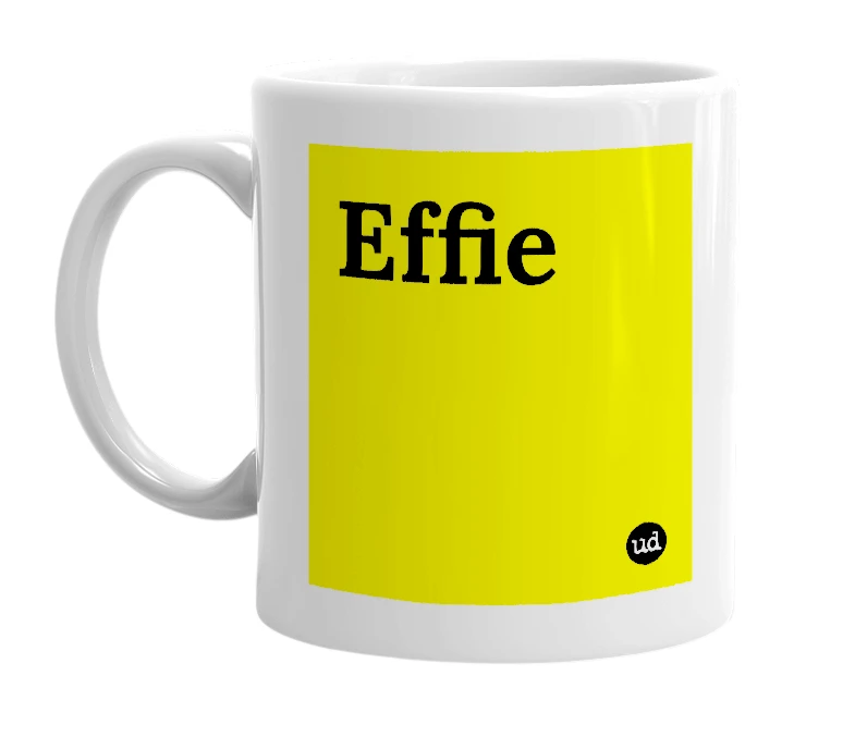 White mug with 'Effie' in bold black letters