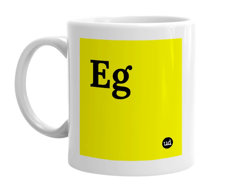 White mug with 'Eg' in bold black letters