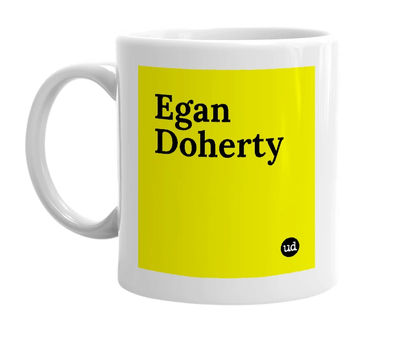 White mug with 'Egan Doherty' in bold black letters
