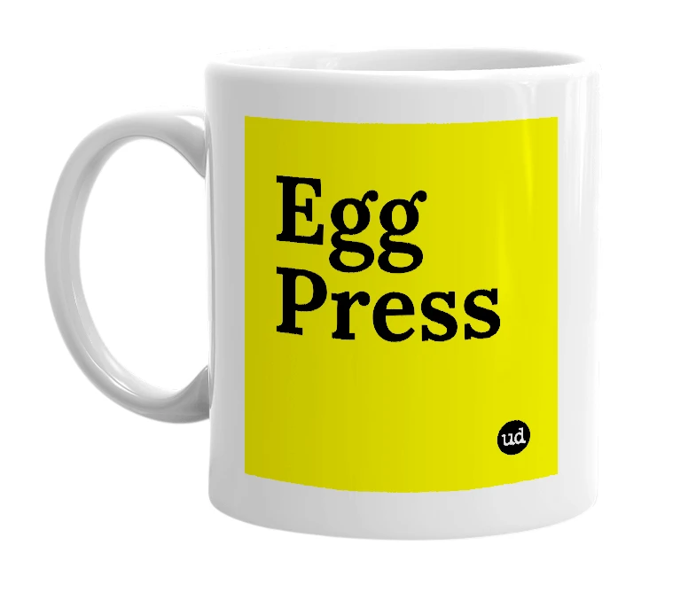 White mug with 'Egg Press' in bold black letters