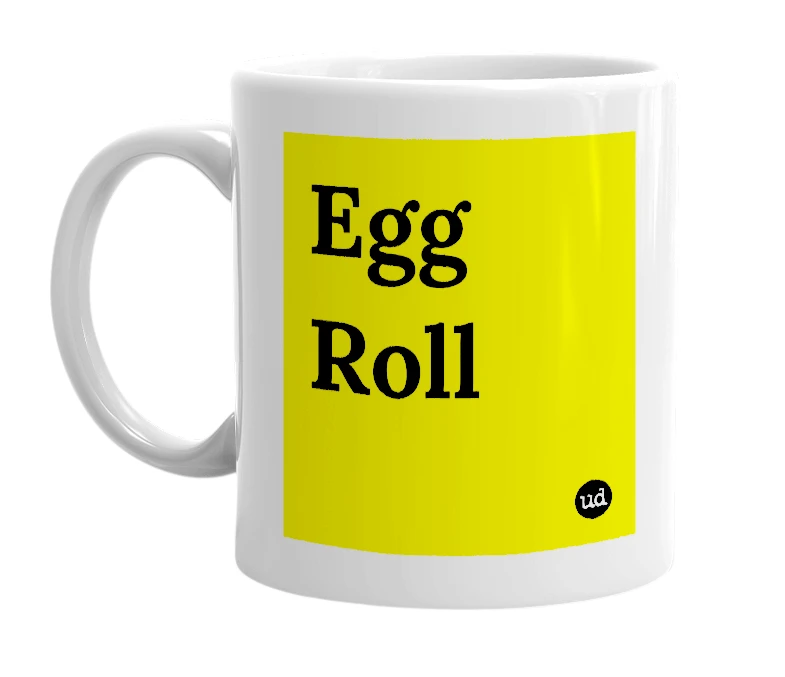 White mug with 'Egg Roll' in bold black letters