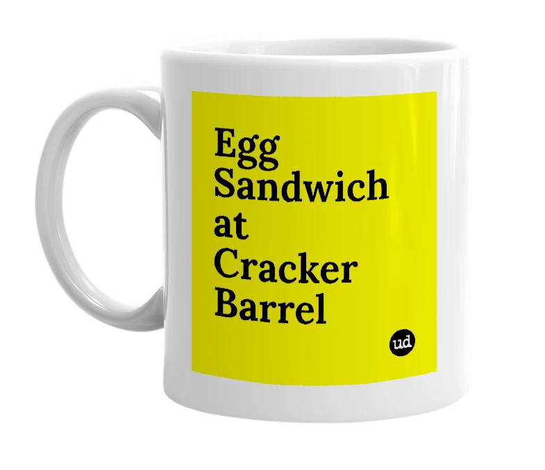 White mug with 'Egg Sandwich at Cracker Barrel' in bold black letters