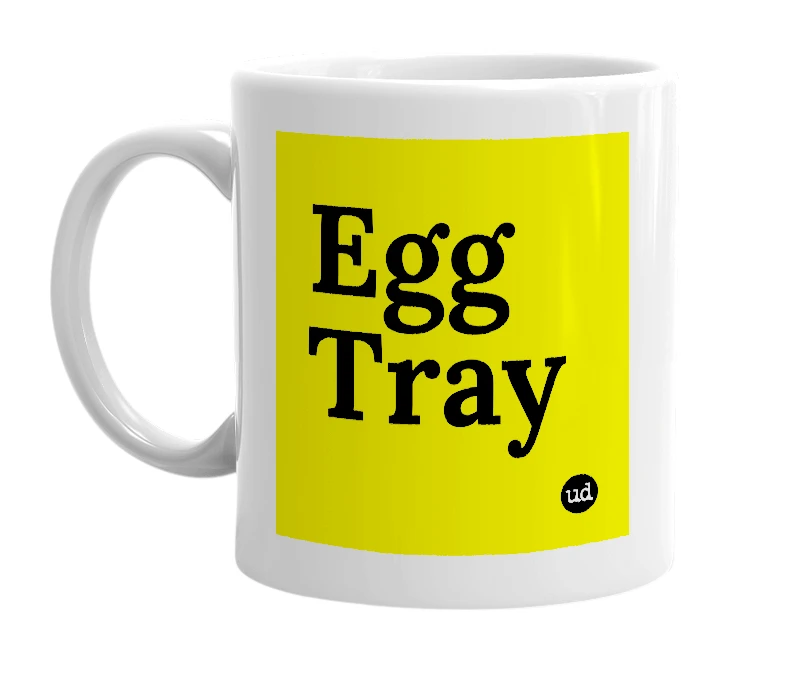 White mug with 'Egg Tray' in bold black letters