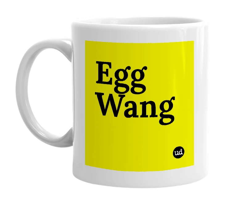 White mug with 'Egg Wang' in bold black letters