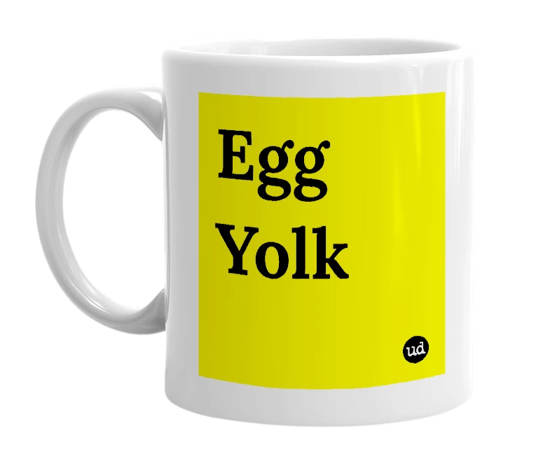 White mug with 'Egg Yolk' in bold black letters
