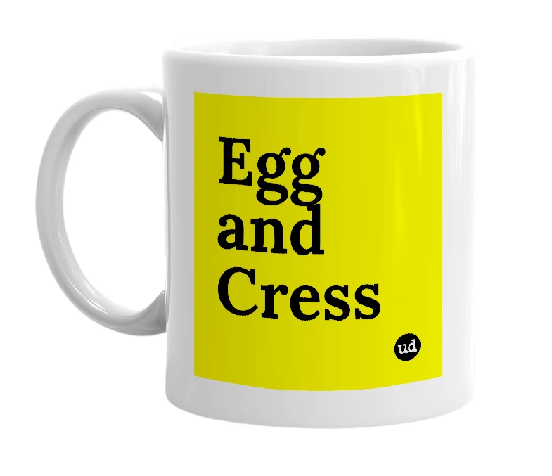 White mug with 'Egg and Cress' in bold black letters