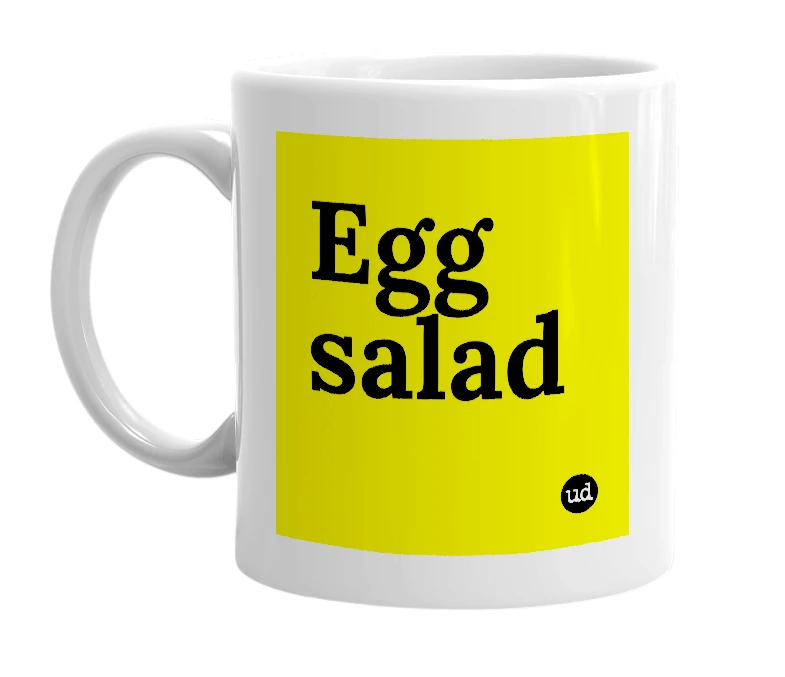 White mug with 'Egg salad' in bold black letters