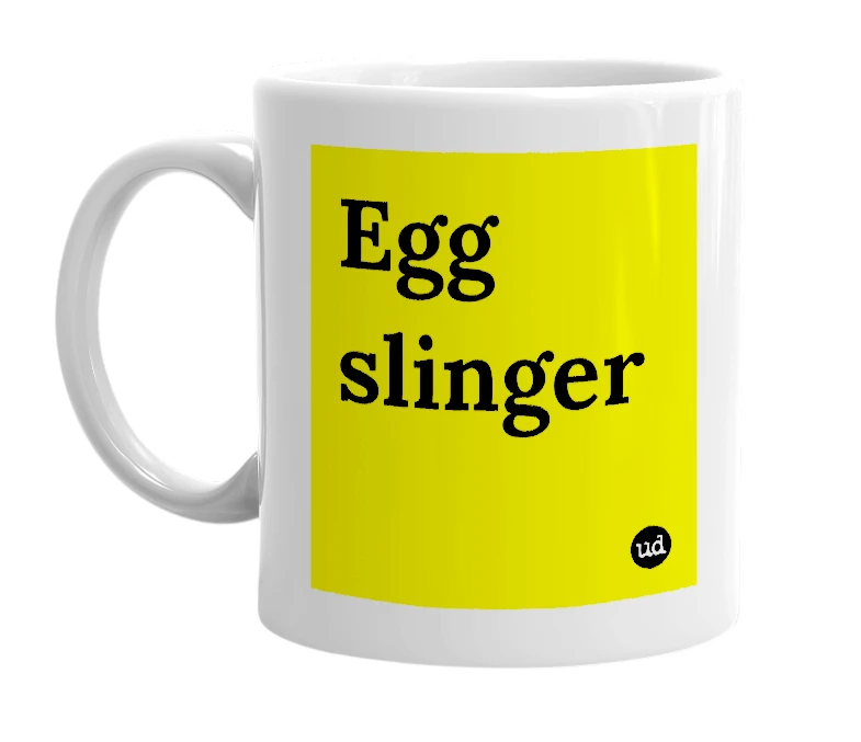 White mug with 'Egg slinger' in bold black letters