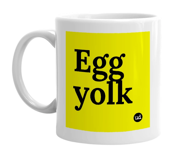 White mug with 'Egg yolk' in bold black letters