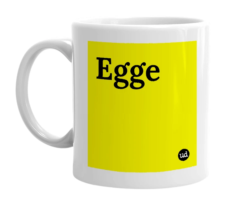 White mug with 'Egge' in bold black letters