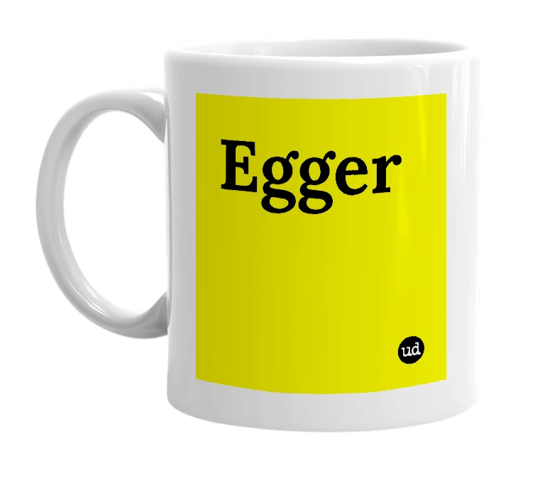 White mug with 'Egger' in bold black letters