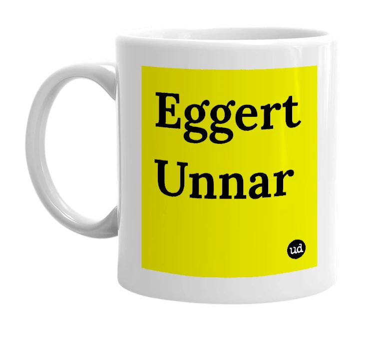 White mug with 'Eggert Unnar' in bold black letters