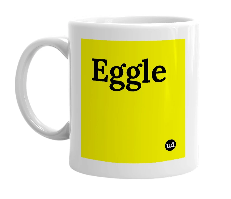 White mug with 'Eggle' in bold black letters