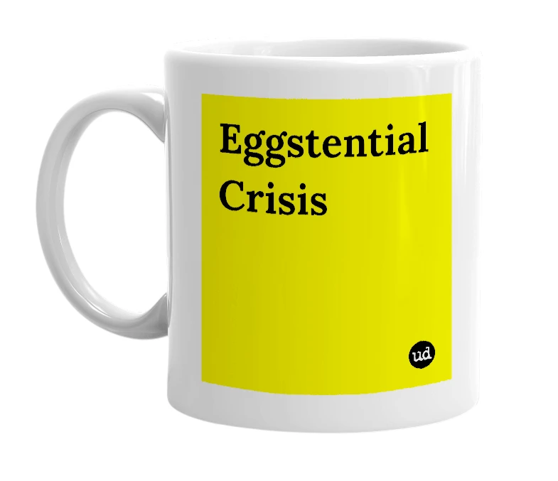 White mug with 'Eggstential Crisis' in bold black letters