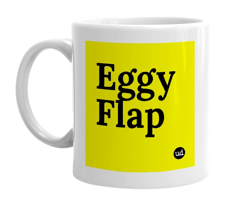 White mug with 'Eggy Flap' in bold black letters