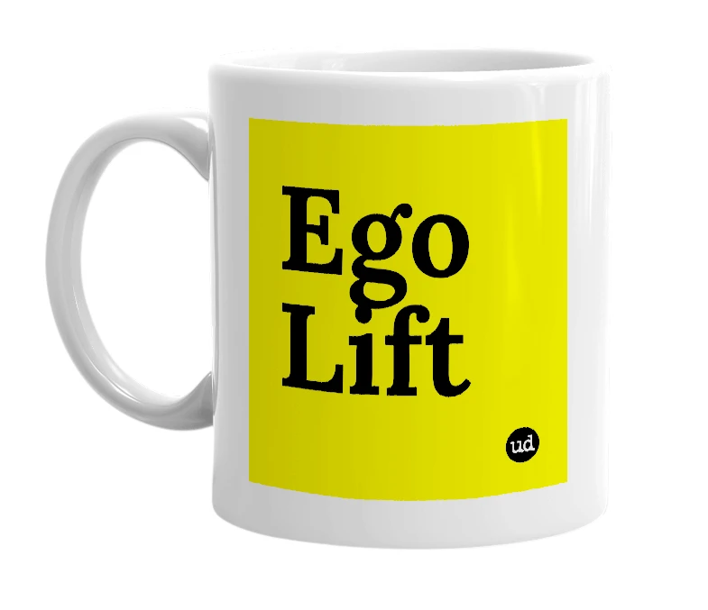 White mug with 'Ego Lift' in bold black letters