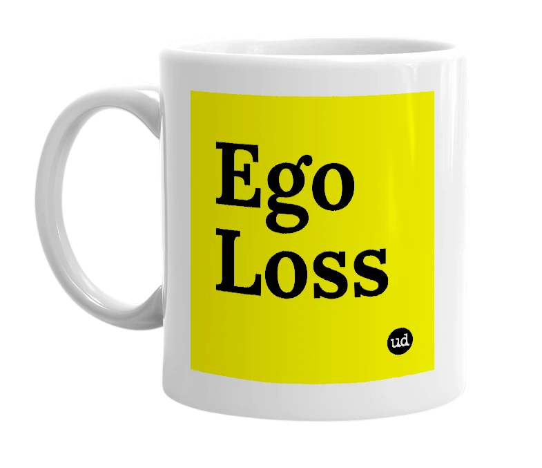 White mug with 'Ego Loss' in bold black letters