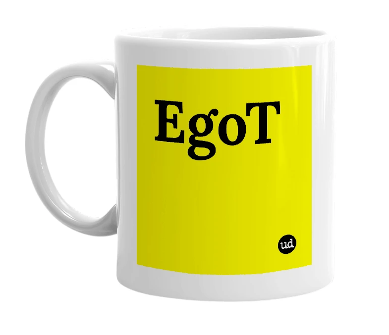 White mug with 'EgoT' in bold black letters