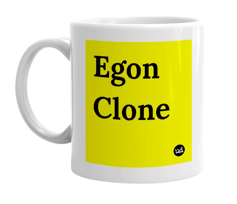 White mug with 'Egon Clone' in bold black letters
