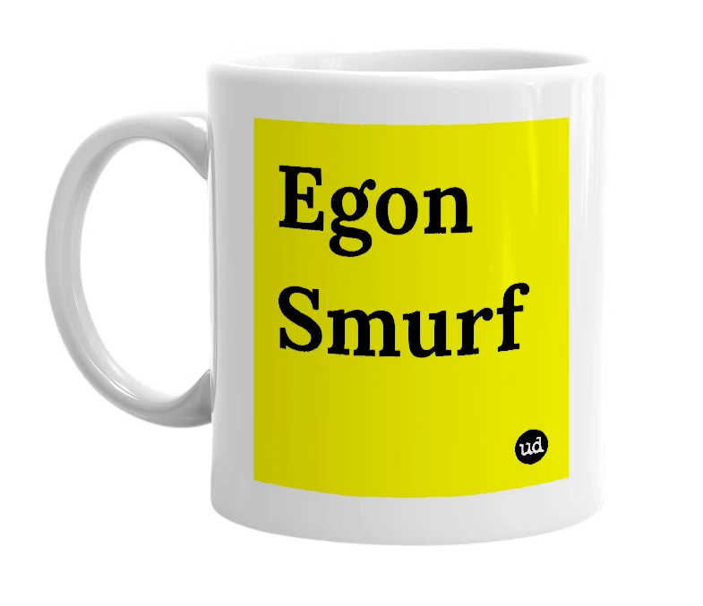 White mug with 'Egon Smurf' in bold black letters