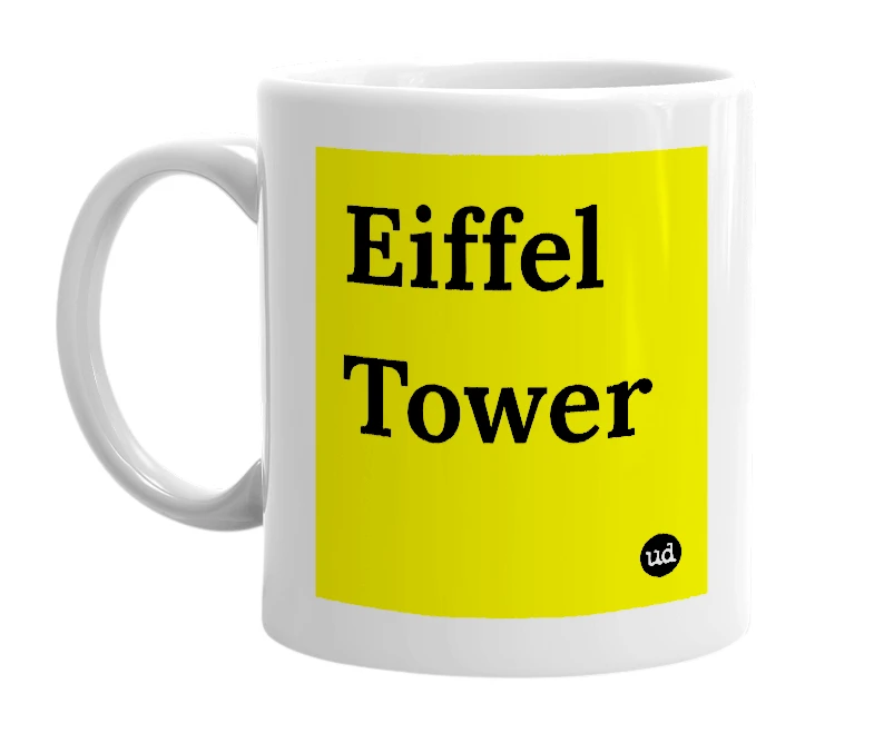 White mug with 'Eiffel Tower' in bold black letters
