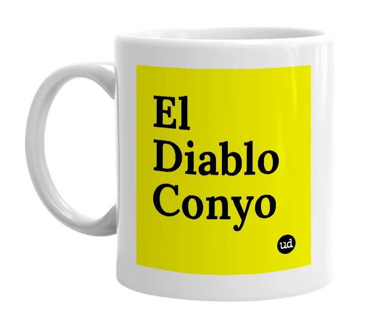 White mug with 'El Diablo Conyo' in bold black letters